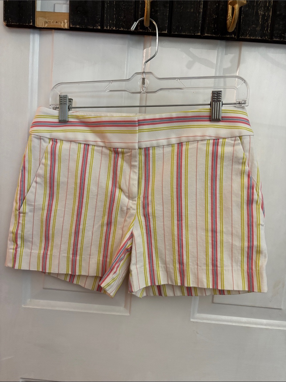LOFT Cream Striped Cotton Bermuda Shorts with Pink Yellow Green Accents